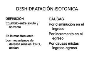 DESHIDRATACIÓN ISOTONICA
DEFINICIÓN                  CAUSAS
Equilibrio entre soluto y   Por disminución en el
  solvente
                              ingreso
                            Por incremento en el
Es la mas frecuente
                              egreso
Los mecanismos de
  defensa renales, SNC,     Por causas mixtas
  actuan                      ingreso-egreso
 