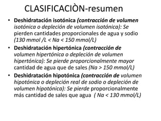 CLASIFICACIÒN-resumen
• Deshidratación isotónica (contracción de volumen
  isotónica o depleción de volumen isotónica): Se
  pierden cantidades proporcionales de agua y sodio
  (130 mmol /L < Na < 150 mmol/L)
• Deshidratación hipertónica (contracción de
  volumen hipertónica o depleción de volumen
  hipertónica): Se pierde proporcionalmente mayor
  cantidad de agua que de sales (Na > 150 mmol/L)
• Deshidratación hipotónica (contracción de volumen
  hipotónica o depleción real de sodio o depleción de
  volumen hipotónica): Se pierde proporcionalmente
  más cantidad de sales que agua ( Na < 130 mmol/L)
 