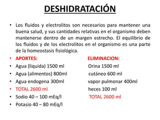 DESHIDRATACIÓN
• Los fluidos y electrolitos son necesarios para mantener una
  buena salud, y sus cantidades relativas en el organismo deben
  mantenerse dentro de un margen estrecho. El equilibrio de
  los fluidos y de los electrolitos en el organismo es una parte
  de la homeostasis fisiológica.
• APORTES:                           ELIMINACION:
• Agua (liquida) 1500 ml             Orina 1500 ml
• Agua (alimentos) 800ml             cutáneo 600 ml
• Agua endogena 300ml                vapor pulmonar 400ml
• TOTAL 2600 ml                      heces 100 ml
• Sodio 40 – 100 mEq/l                TOTAL 2600 ml
• Potasio 40 – 80 mEq/l
 