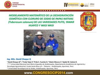 www.CONGRESOCIP2014.com
MODELAMIENTO MATEMÁTICO DE LA DESHIDRATACIÓN
OSMÓTICA CON CLORURO DE SODIO DE PAPAS NATIVAS
(Tuberosum solanum) DE LAS VARIEDADES PUTIS, YAWAR
HUAYCO Y WASI WASI
Ing. MSc. David Choque Q
1 David Choque Q(*), 2Fredy Taipe P, 3Frida E. Fuentes B. 4 Edwin Mescco C.5 Aydeé M. Solano R.
1,2,3,4, Universidad Nacional José María Arguedas de Andahuaylas, Departamento Académico de Ingeniería y
Tecnología Agroindustrial, Fundo Santa Rosa s/n – Talavera – Andahuaylas, Apurímac, Perú.
5, Universidad Tecnológica de los Andes, Andahuaylas, Apurímac, Perú.
 