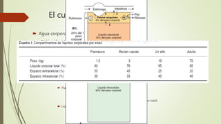 El cuerpo como solución
 Agua corporal total (60% de peso corporal):
 Liquido intracelular (2/3).
 Liquido extracelular (1/3).
 Limitado por el aparato integumentario.
 O2 y nutrimentos esenciales para las células; desecho metabólico.
 División:
 Liquido intersticial.
 Rodea a las células.
 Plasma sanguíneo circulante.
 Ocupa el árbol vascular.
 + elementos celulares sanguíneo  volumen sanguíneo total.
 Liquido linfático.
 Vincula los dos espacios de LEC.
 