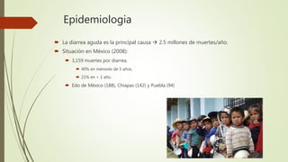 Epidemiologia
 La diarrea aguda es la principal causa  2.5 millones de muertes/año.
 Situación en México (2008):
 3,159 muertes por diarrea.
 40% en menores de 5 años.
 21% en < 1 año.
 Edo de México (188), Chiapas (142) y Puebla (94)
 