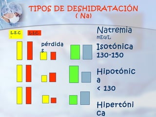 TIPOS DE DESHIDRATACIÓN
                   ( Na)

L.E.C   L.I.C.             Natremia
.                          mEq/L
                 pérdida
                 s
                           Isotónica
                           130-150

                           Hipotónic
                           a
                           < 130

                           Hipertóni
                           ca
 