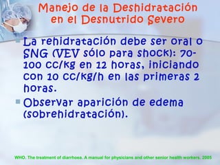 Manejo de la Deshidratación
            en el Desnutrido Severo

 La rehidratación debe ser oral o
  SNG (VEV sólo para shock): 70-
  100 cc/kg en 12 horas, iniciando
  con 10 cc/kg/h en las primeras 2
  horas.
 Observar aparición de edema
  (sobrehidratación).



WHO. The treatment of diarrhoea. A manual for physicians and other senior health workers. 2005
 