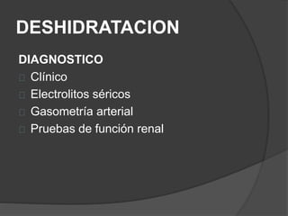 DESHIDRATACION
DIAGNOSTICO
Clínico
Electrolitos séricos
Gasometría arterial
Pruebas de función renal
 