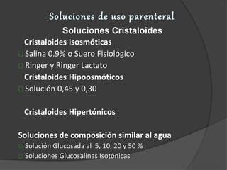Soluciones Cristaloides
Cristaloides Isosmóticas
Salina 0.9% o Suero Fisiológico
Ringer y Ringer Lactato
Cristaloides Hipo...