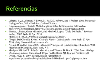 ReferenciasAlberts, B., A. Johnson, J. Lewis, M. Raff, K. Roberts, and P. Walter. 2002. Molecular Biology of theCell. 4thedition. Garland Science. Biopsicologia.net: TratadoMultidisciplinarSobre la Bioquímica del Cerebro. http://www.biopsicologia.net/nivel-2-glosario/enzima-deshidrogenasa.htmlRamos, Lisbeth, Omar Villarroel, and Maria G. Lopez. "Ciclo De Krebs." ServidorAmbar. 2007. Web. 19 Apr. 2010. <http://150.185.75.79:8080/CicloKrebs/contactos.html>."Etapas Del Ciclo De Krebs." Ciclo De Krebs - CiclodeKrebs .com. Web. 20 Apr. 2010. <http://www.ciclodekrebs.com/>.Nelson, D. and M. Cox. 2005. Lehninger Principles of Biochemistry. 4th edition. W.H. Freeman and Company, New York, NY.Madigan, Michael T., John M. Martinko, and Thomas D. Brock. 2006. Brock Biology of Microorganisms. Eleventh ed. Upper Saddle River, NJ: Pearson Prentice Hall. Diwan, Joyce J.  2007. Glycolysis and Fermentation http://www.rpi.edu/dept/bcbp/molbiochem/MBWeb/mb1/part2/glycolysis.htm