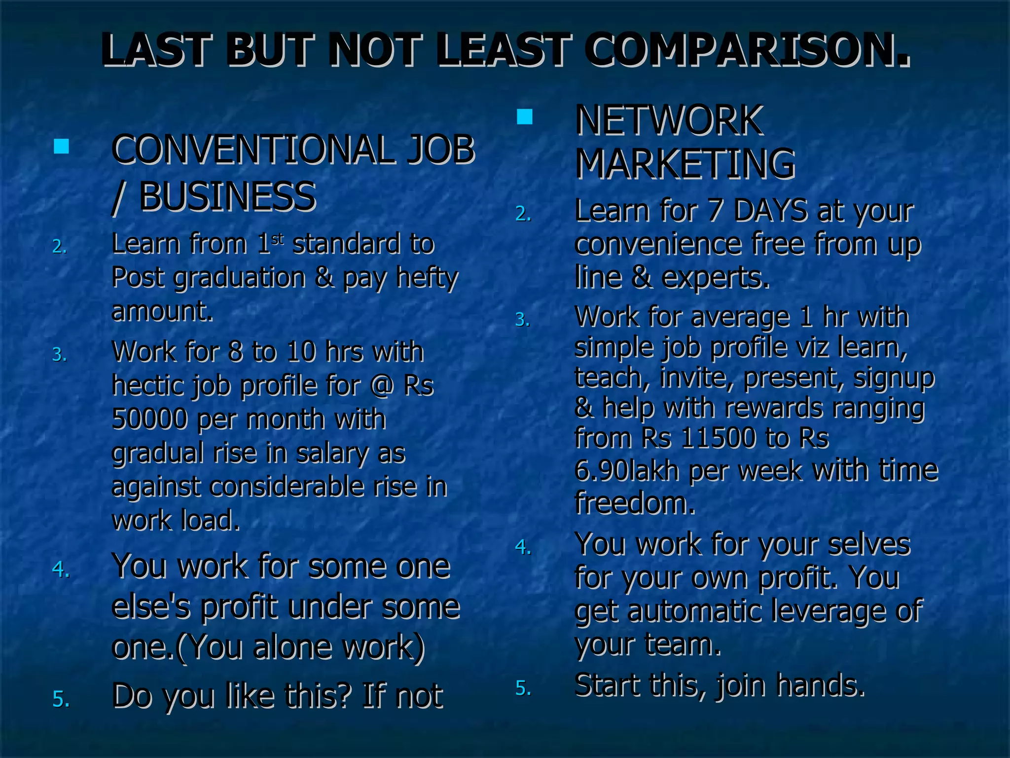 LAST BUT NOT LEAST COMPARISON . CONVENTIONAL JOB / BUSINESS Learn from 1 st  standard to Post graduation & pay hefty amount.  Work for 8 to 10 hrs with hectic job profile for @ Rs 50000 per month with gradual rise in salary as against considerable rise in work load. You work for some one else's profit under some one.(You alone work) Do you like this? If not  NETWORK MARKETING Learn for 7 DAYS at your convenience free from up line & experts. Work for average 1 hr with simple job profile viz learn, teach, invite, present, signup & help with rewards ranging from Rs 11500 to Rs 6.90lakh per week  with time freedom. You work for your selves for your own profit. You get automatic leverage of your team. Start this, join hands. 