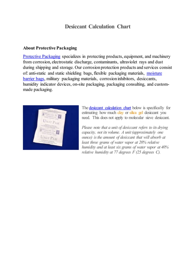 Desiccant Calculation Chart PDF