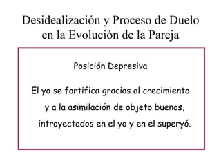 Desidealización y Proceso de Duelo
en la Evolución de la Pareja
Posición Depresiva
El yo se fortifica gracias al crecimiento
y a la asimilación de objeto buenos,
introyectados en el yo y en el superyó.

 