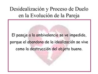 Desidealización y Proceso de Duelo
en la Evolución de la Pareja

El pasaje a la ambivalencia se ve impedido,
porque el abandono de la idealización se vive
como la destrucción del objeto bueno.

 