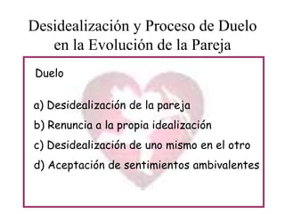 Desidealización y Proceso de Duelo
en la Evolución de la Pareja
Duelo
a) Desidealización de la pareja

b) Renuncia a la propia idealización
c) Desidealización de uno mismo en el otro
d) Aceptación de sentimientos ambivalentes

 