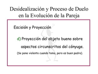 Desidealización y Proceso de Duelo
en la Evolución de la Pareja
Escisión y Proyección
d) Proyección del objeto bueno sobre
aspectos circunscritos del cónyuge.
(Se pone violento cuando toma, pero es buen padre).

 