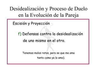 Desidealización y Proceso de Duelo
en la Evolución de la Pareja
Escisión y Proyección
f) Defensas contra la desidealización
de uno mismo en el otro.
Tenemos malos ratos, pero se que me ama
tanto como yo lo amo).

 