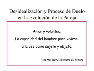 Desidealización y Proceso de Duelo
en la Evolución de la Pareja
Amor y voluntad.
La capacidad del hombre para vivirse
a la vez como sujeto y objeto.

Rollo May (1990). El dilema del hombre

 