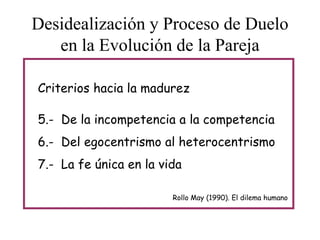 Desidealización y Proceso de Duelo
en la Evolución de la Pareja
Criterios hacia la madurez
5.- De la incompetencia a la competencia
6.- Del egocentrismo al heterocentrismo
7.- La fe única en la vida
Rollo May (1990). El dilema humano

 