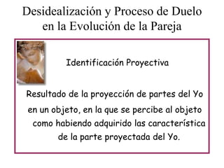 Desidealización y Proceso de Duelo
en la Evolución de la Pareja
Identificación Proyectiva
Resultado de la proyección de partes del Yo
en un objeto, en la que se percibe al objeto
como habiendo adquirido las característica

de la parte proyectada del Yo.

 