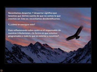 Necesitamos despertar. Y despertar significa que tenemos que darnos cuenta de que no somos lo que creemos ser. Esto es: necesitamos desidentificarnos.Y, ¿cómo se consigue esto? Pues reflexionando sobre quién es el responsable de nuestras tribulaciones, ¿la forma en que estamos programados o todo lo que es exterior a nosotros?