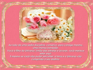 Ao lado de uma sadia disciplina, conserve, para consigo mesmo, uma imensa bondade. Você é filho do Universo, irmão das estrelas e árvores, você merece estar aqui. E mesmo se você não puder perceber, a terra e o Universo vão cumprindo o seu destino. 
