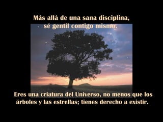 Más allá de una sana disciplina,
sé gentil contigo mismo.
Eres una criatura del Universo, no menos que los
árboles y las estrellas; tienes derecho a existir.
 