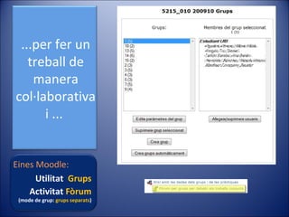 ...per fer un
treball de
manera
col·laborativa
i ...
Eines Moodle:
Utilitat Grups
Activitat Fòrum

(mode de grup: grups separats)

 