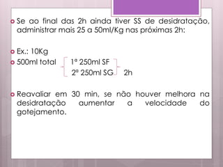  Se ao final das 2h ainda tiver SS de desidratação,
administrar mais 25 a 50ml/Kg nas próximas 2h:
 Ex.: 10Kg
 500ml total 1ª 250ml SF
2ª 250ml SG 2h
 Reavaliar em 30 min, se não houver melhora na
desidratação aumentar a velocidade do
gotejamento.
 