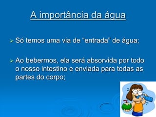 A importância da águaSó temos uma via de “entrada” de água;Ao bebermos, ela será absorvida por todo o nosso intestino e enviada para todas as partes do corpo; 