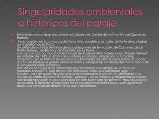 En la línea de costa se encuentran el Castell Vell, Castell de Montornés y el Castell del Bartolo. Se encuentra en la comarca de Plana Alta, paralela a la costa, al Norte de la ciudad de Castellón de la Plana. Se extiende entre los términos de las poblaciones de Benicasim, de Cabanes, de La Pobla Tornesa, de Borriol y de Castellón de la Plana. Fue declarada, por decreto del Consell de la Generalitat Valenciana, “Paraje Natural” en octubre de 1989, en razón de su interés ecológico, paisajístico y recreativo. El Desierto de Las Palmas se encuentra a 420 metros de altitud sobre el mar. En cada rincón del Parque se puede observar restos y vestigios de la historia del Monasterio y de su influencia sobre el Parque. Uno de los ejemplos es el monte Bartolo(729 metros) que recibe su nombre del hermano Bartolomé, uno de los más afamados frailes que habitaron aquí. Desde cualquier punto de vista se puede contemplar el castillo de Montornés y las Agujas de Santa Águeda. El término “ palmas”  ,  no se refiere a palmeras tradicionales que pudieran haber en gran cantidad en este lugar, sino al “palmito” muy abundante en la zona. El Desierto se convierte en un mirador privilegiado para todo aquel que desee contemplar un ambiente de paz y de belleza.   