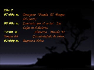 Día 2 07:00a.m. Desayuno (Posada El Bosque  del Cuzco) 09:00a.m. Caminata por el sector  Las  Lajas en el desierto. 12:00 m  Almuerzo  Posada El Bosque del  Cuzco(estofado de chivo)  02:00p.m.   Regreso  a Neiva 
