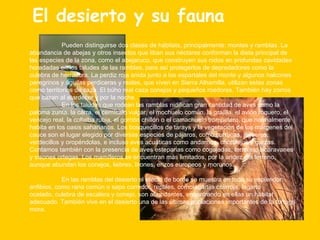 El desierto y su fauna Pueden distinguirse dos clases de hábitats, principalmente: montes y ramblas. La abundancia de abejas y otros insectos que liban sus néctares conforman la dieta principal de las especies de la zona, como el abejaruco, que construyen sus nidos en profundas cavidades horadadas en los taludes de las ramblas, para así protegerlos de depredadores como la culebra de herradura. La perdiz roja anida junto a los espartales del monte y algunos halcones peregrinos y águilas perdiceras y reales, que viven en Sierra Alhamilla, utilizan estas zonas como territorios de caza. El búho real caza conejos y pequeños roedores. También hay zorros que cazan al atardecer y por la noche. En los taludes que rodean las ramblas nidifican gran cantidad de aves como la paloma zurita, la carra, el cernícalo vulgar, el mochuelo común, la grajilla, el avión roquero, el vencejo real, la collalba rubia, el gorrión chillón o el camachuelo trompetero, que normalmente habita en los oasis saharianos. Los bosquecillos de tarays y la vegetación de los márgenes del cauce son el lugar elegido por diversas especies de pájaros, como currucas, jilgueros, verdecillos y oropéndolas, e incluso aves acuáticas como andarríos, chortilejos y garzas. Contamos también con la presencia de aves esteparias como cogujadas, terreras, alcaravanes y sisones ortegas. Los mamíferos se encuentran más limitados, por la aridez del terreno, aunque abundan los conejos, liebres, lirones, erizos europeos y morunos. En las ramblas del desierto el efecto de borde se muestra en todo su esplendor: anfibios, como rana común o sapo corredor, reptiles, comolagartija colirroja, lagarto ocelado, culebra de escalera y conejo, son abundantes, encontrando en ellas un hábitat adecuado. También vive en el desierto una de las últimas poblaciones importantes de la tortuga mora. 