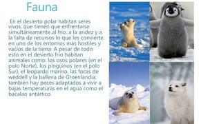 Fauna
En el desierto polar habitan seres
vivos, que tienen que enfrentarse
simultáneamente al frío, a la aridez y a
la falta de recursos lo que les convierte
en uno de los entornos más hostiles y
vacíos de la tierra. A pesar de todo
esto en el desierto frío habitan
animales como: los osos polares (en el
polo Norte), los pingüinos (en el polo
Sur), el leopardo marino, las focas de
weddell y la ballena de Groenlandia;
también hay peces adaptados a vivir a
bajas temperaturas en el agua como el
bacalao antártico.
 