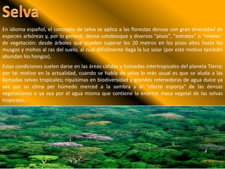 SelvaEn idioma español, el concepto de selva se aplica a las florestas densas con gran diversidad de especies arbóreas y, por lo general, denso sotobosque y diversos "pisos", "estratos" o "niveles" de vegetación: desde árboles que pueden superar los 20 metros en los pisos altos hasta los musgos y mohos al ras del suelo, al cual difícilmente llega la luz solar (por este motivo también abundan los hongos).Estas condiciones suelen darse en las áreas cálidas y húmedas intertropicales del planeta Tierra; por tal motivo en la actualidad, cuando se habla de selva lo más usual es que se aluda a las llamadas selvas tropicales; riquísimas en biodiversidad y grandes retenedoras de agua dulce ya sea por su clima per húmedo merced a la sombra y al "efecto esponja" de las densas vegetaciones o ya sea por el agua misma que contiene la enorme masa vegetal de las selvas tropicales.