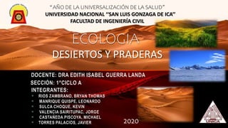 DESIERTOS Y PRADERAS
ECOLOGIA
DOCENTE: DRA EDITH ISABEL GUERRA LANDA
SECCIÓN: 1°CICLO A
“AÑO DE LA UNIVERSALIZACIÓN DE LA SALUD”
UNIVERSIDAD NACIONAL ‘‘SAN LUIS GONZAGA DE ICA’’
FACULTAD DE INGENIERÍA CIVIL
2020
INTEGRANTES:
 RIOS ZAMBRANO, BRYAN THOMAS
 MANRIQUE QUISPE, LEONARDO
 SULCA CHOQUE, KEVIN
 VALENCIA SAIRITUPAC, JORGE
 CASTAÑEDA PISCOYA, MICHAEL
 TORRES PALACIOS, JAVIER
 