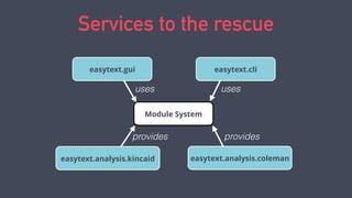 Services to the rescue
easytext.gui
easytext.analysis.kincaid easytext.analysis.coleman
easytext.cli
Module System
uses uses
providesprovides
 