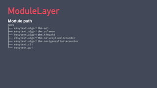 ModuleLayer
mods
├── easytext.algorithm.api
├── easytext.algorithm.coleman
├── easytext.algorithm.kincaid
├── easytext.algorithm.naivesyllablecounter
├── easytext.algorithm.nextgensyllablecounter
├── easytext.cli
└── easytext.gui
Module path
 