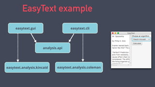 EasyText example
easytext.gui
easytext.analysis.kincaid easytext.analysis.coleman
easytext.cli
analysis.api
 