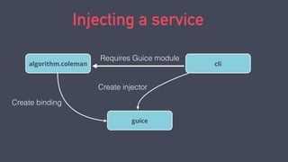Injecting a service
cli
Requires Guice module
algorithm.coleman
guice
Create binding
Create injector
 