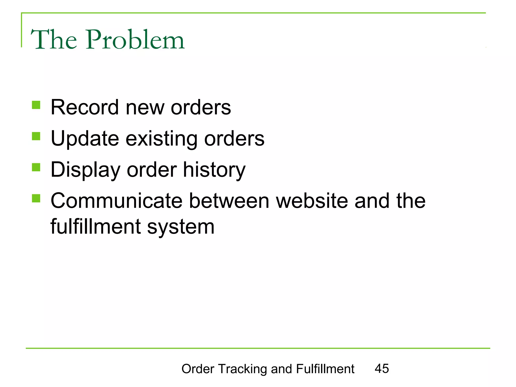 The Problem

   Record new orders
   Update existing orders
   Display order history
   Communicate between website and the
    fulfillment system




                Order Tracking and Fulfillment   45
 
