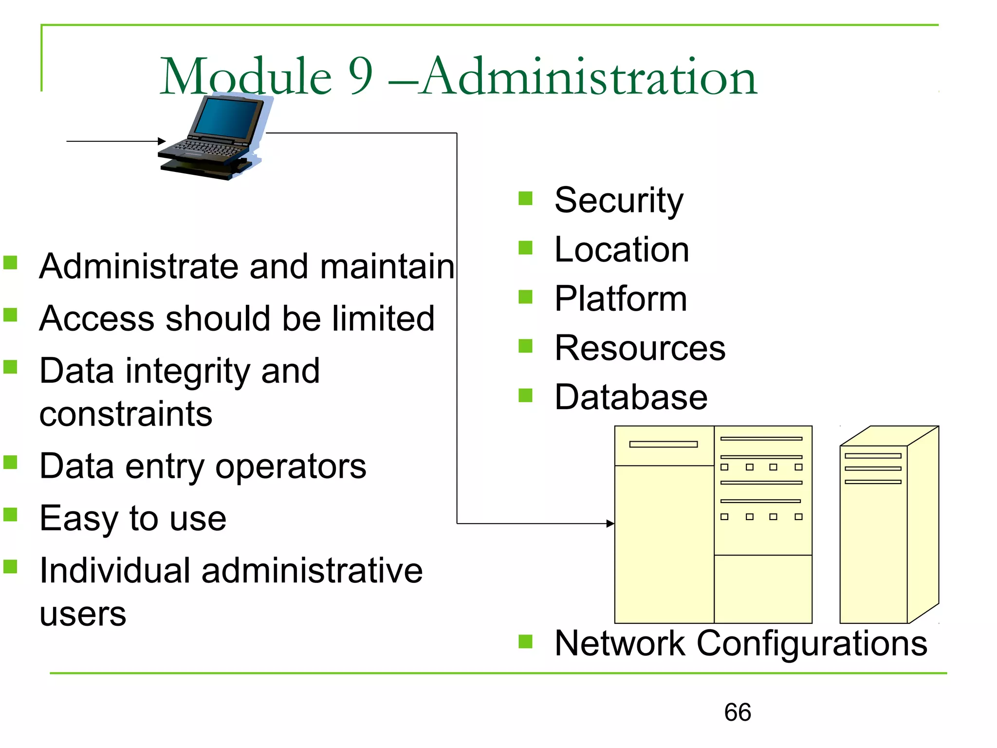 Module 9 –Administration
                                   Security
   Administrate and maintain
                                   Location
                                   Platform
   Access should be limited
                                   Resources
   Data integrity and
    constraints
                                   Database
   Data entry operators
   Easy to use
   Individual administrative
    users
                                   Network Configurations
                                              66
 