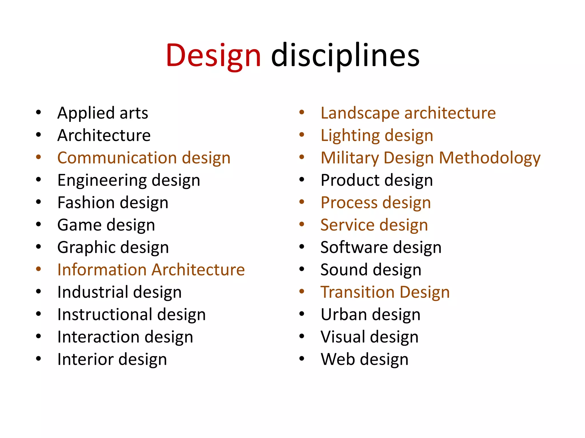 Design disciplines
•
•
•
•
•
•
•
•
•
•
•
•

Applied arts
Architecture
Communication design
Engineering design
Fashion design
Game design
Graphic design
Information Architecture
Industrial design
Instructional design
Interaction design
Interior design

•
•
•
•
•
•
•
•
•
•
•
•

Landscape architecture
Lighting design
Military Design Methodology
Product design
Process design
Service design
Software design
Sound design
Transition Design
Urban design
Visual design
Web design

 