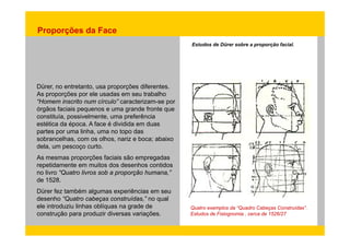 Proporções da Face 
Estudos de Dürer sobre a proporção facial. 
Dürer, no entretanto, usa proporções diferentes. 
As proporções por ele usadas em seu trabalho 
“Homem inscrito num círculo” caracterizam-se por 
órgãos faciais pequenos e uma grande fronte que 
constituía, possivelmente, uma preferência 
estética da época. A face é dividida em duas 
partes por uma linha, uma no topo das 
sobrancelhas, com os olhos, nariz e boca; abaixo 
dela, um pescoço curto. 
As mesmas proporções faciais são empregadas 
repetidamente em muitos dos desenhos contidos 
no livro “Quatro livros sob a proporção humana,” 
de 1528 
“Cabeças Construídas” 
1528. 
Dürer fez também algumas experiências em seu 
desenho “Quatro cabeças construídas,” no qual 
Quatro exemplos da Quadro Construídas . 
Estudos de Fisiognomia , cerca de 1526/27 
ele introduziu linhas oblíquas na grade de 
construção para produzir diversas variações. 
 