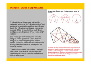 Triângulo, Elipse e Espiral Áurea 
Proporções Áureas num Pentagrama em forma de 
estrela 
36° 
72° 
36° 
O triângulo áureo é isósceles, e é também 72° 
conhecido pelo nome de "triângulo sublime," por 
apresentar propriedades estéticas ao retângulo 
áureo; é o triângulo preferido pela maioria das 
pessoas. É fácil de construí-lo, a partir de um 
pentágono, com ângulo de 36° no vértice e 72° 
na base. 
Esta construção pode ainda gerar um outro 
triângulo áureo, ligando-se a base do maior 
triângulo ao vértice do pentágono, no lado 
oposto. A conexão continuada dos vértices com 
as diagonais resultarão num pentagrama em 
forma de estrela 
A estrela de cinco pontas criada pelas diagonais de um 
pentágono regular resulta num pentagrama, cuja parte 
central é outro pentágono, e assim sucessivamente. 
Esta progressão de pequenos pentágonos e pentagramas 
é conhecida "alaúde de Pitágoras " devido estrela. 
O decágono - polígono de 10 lados - também 
pode conter uma série de triângulos áureos, 
conectando-ponto central a como o Pitágoras, à 
proporção com a razão áurea. 
conectando se o qualquer dos 
vértices adjacentes. 
 