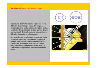 Análise – Proporção dos círculos 
Os círculos da orelha externa e da boca são o 
diâmetro de um campo visual. Os pequenos 
círculos do olho, orelha interna, lóbulo da orelha 
e isolador têm o diâmetro de dois quintos de um 
campo visual. O círculo maior, a cabeça, tem o 
diâmetro de quatro círculos visuais. 
A colocação dos círculos está organizada de tal 
forma que os pontos centrais dos círculos da 
cabeça estão alinhados em diagonais de 45°. 
Os círculos do isolador estão alinhados em 
diagonais com componentes de cerca de 15°. 
Três destes componentes formam um módulo 
de 15°. 
 