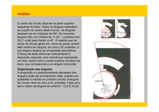 Análise 
O centro do círculo situa-se na parte superior 
esquerda do texto. Todos os ângulos estendem-se 
a partir do centro deste círculo. Os ângulos 
baseiam-se em módulos de 45º. Os menores 
ângulos têm um módulo de 11,25°, o próximo tem 
22,5° e daí para frente, à 45°. À medida que os 
arcos de círculo giram em torno do ponto central 
eles variam em largura, de uma a 32 unidades, e 
sua largura duplica em progressão geométrica. 
O bloco de texto alinha-se verticalmente à 
esquerda, segundo uma vertical que representa 
um eixo, assim como a parte superior do bloco de 
texto, que corresponde a um ângulo horizontal. 
Organização dos ângulos: 
A proporção e o posicionamento planejado dos 
ângulos pode ser prontamente vista, quando um 
quadrado é inscrito no primeiro círculo. A largura 
do círculo varia de uma a 32 unidades. Cada arco 
tem o dobro da largura do anterior: 1,2,4,8,16,32. 
 