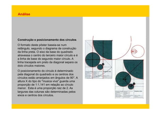 Análise 
Construção e posicionamento dos círculos 
O formato deste pôster baseia-se num 
retângulo, segundo o diagrama de construção 
da linha preta. O eixo da base do quadrado 
atravessa o centro do terceiro maior círculo e é 
a linha de base do segundo maior círculo. A 
linha tracejada em preto da diagonal separa os 
dois círculos maiores. 
O posicionamento do círculo é determinado 
pela diagonal do quadrado e os centros dos 
círculos estão arranjados em ângulos de 90°. A 
altura X do tipo do "musica viva" guarda uma 
proporção de 1:1,141 em relação ao círculo 
menor. Esta é uma proporção raiz de 2. As 
larguras das colunas são determinadas pelos 
eixos e centros dos círculos. 
 