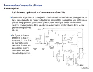 La conception d’un procédé chimique
La conception
Page 13
2. Création et optimisation d’une structure réductible
Dans cette approche, le concepteur construit une superstructure (ou hyperstruc-
ture) dans laquelle on retrouve toutes les possibilités réalisables. Les différentes
pièces d’équipement possibles s’y retrouvent ainsi que toutes les intercon-
nexions envisageables. Des structures redondantes sont incluses dans le dia-
gramme du procédé
étudié.
La figure suivante
présente la super-
structure du procédé
de fabrication du
benzène. Toutes les
possibilités techni-
ques sont incluses
dans le diagramme.
 