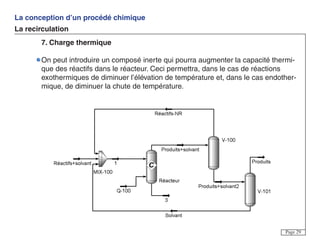 La conception d’un procédé chimique
La recirculation
Page 29
7. Charge thermique
On peut introduire un composé inerte qui pourra augmenter la capacité thermi-
que des réactifs dans le réacteur. Ceci permettra, dans le cas de réactions
exothermiques de diminuer l’élévation de température et, dans le cas endother-
mique, de diminuer la chute de température.
 