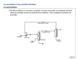 La conception d’un procédé chimique
La recirculation
Page 30
Au lieu d’utiliser un nouveau composé, on peut recirculer un composé existant
dans le procédé comme le produit de la réaction. Ceci simplifie le schéma de
procédé.
 