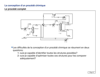 La conception d’un procédé chimique
Le procédé complet
Page 6
Les difficultés de la conception d’un procédé chimique se résument en deux
questions:
1- suis-je capable d’identifier toutes les strutures possibles?
2- suis-je capable d’optimiser toutes ces strutures pour les comparer
adéquatement?
 