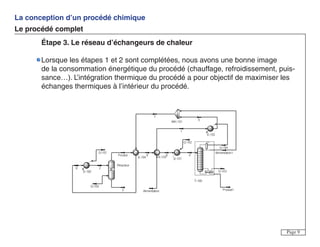 La conception d’un procédé chimique
Le procédé complet
Page 9
Étape 3. Le réseau d’échangeurs de chaleur
Lorsque les étapes 1 et 2 sont complétées, nous avons une bonne image
de la consommation énergétique du procédé (chauffage, refroidissement, puis-
sance…). L’intégration thermique du procédé a pour objectif de maximiser les
échanges thermiques à l’intérieur du procédé.
 